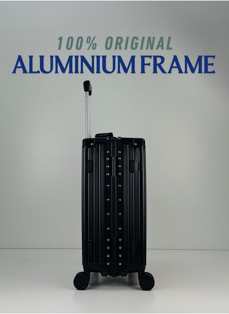 Light Weight Original Aluminum Frame Fashion Trolley Luggage, Unbreakable Polycarbonate Strong Hard Case Carry-On Suitcase Luggage, Dual TSA approved Combination Lock and 4 Quite 360° Double Spinner wheels with free Tarpaulin Protection Cover (Carry-On Luggage 20-Inch, Black)