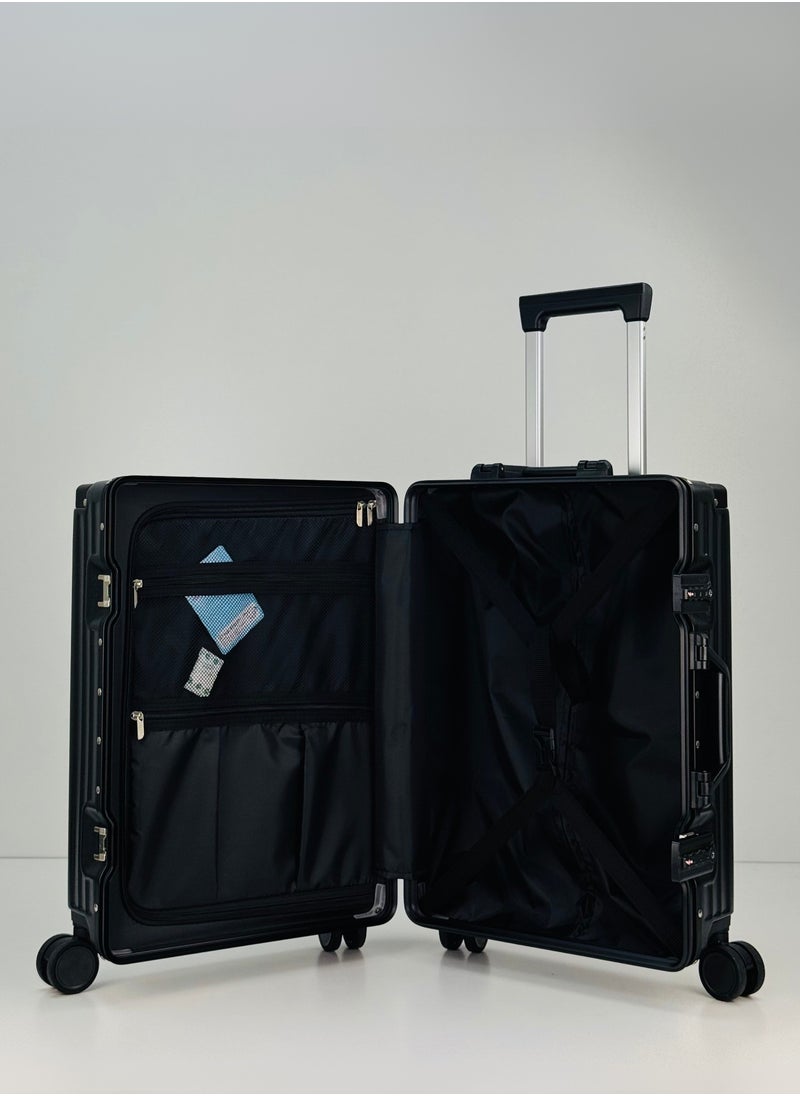 Light Weight Original Aluminum Frame Fashion Trolley Luggage, Unbreakable Polycarbonate Strong Hard Case Carry-On Suitcase Luggage, Dual TSA approved Combination Lock and 4 Quite 360° Double Spinner wheels with free Tarpaulin Protection Cover (Carry-On Luggage 20-Inch, Black)