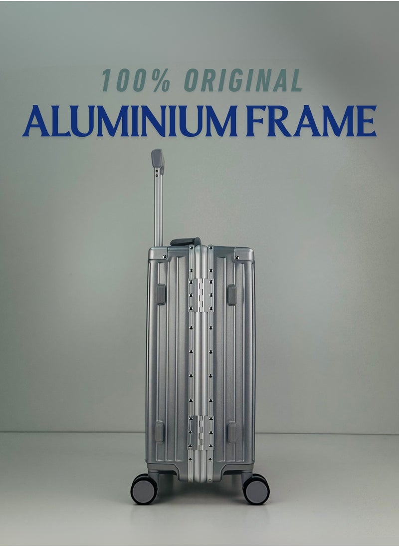 Light Weight Original Aluminum Frame Fashion Trolley Luggage, Unbreakable Polycarbonate Strong Hard Case Carry-On Suitcase Luggage, Dual TSA approved Combination Lock and 4 Quite 360° Double Spinner wheels with free Tarpaulin Protection Cover (Carry-On Luggage 20-Inch, Silver)