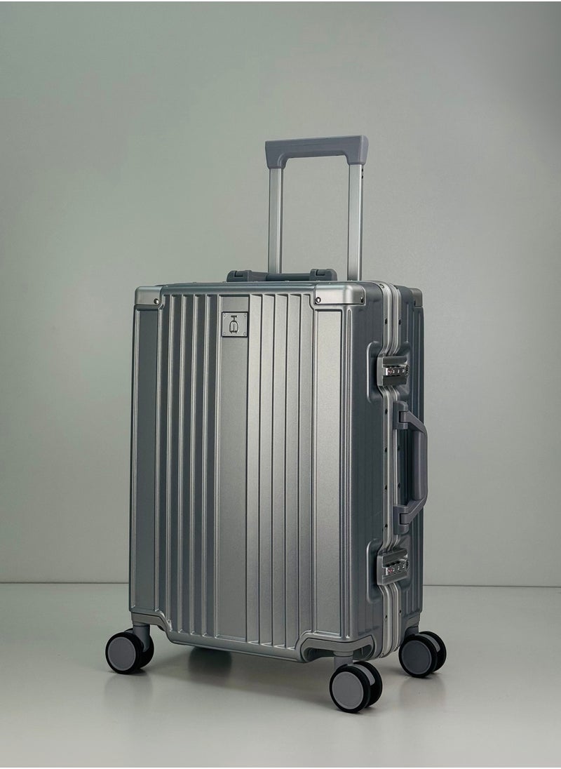 Light Weight Original Aluminum Frame Fashion Trolley Luggage, Unbreakable Polycarbonate Strong Hard Case Carry-On Suitcase Luggage, Dual TSA approved Combination Lock and 4 Quite 360° Double Spinner wheels with free Tarpaulin Protection Cover (Carry-On Luggage 20-Inch, Silver)