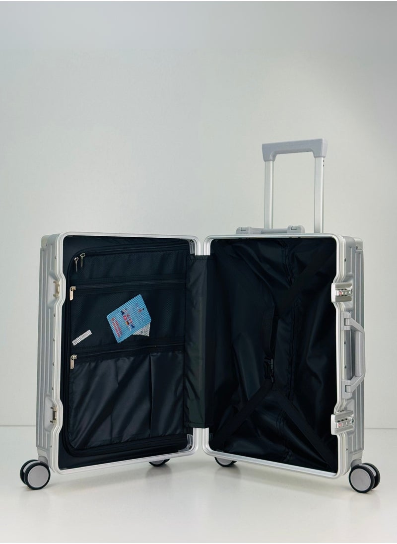 Light Weight Original Aluminum Frame Fashion Trolley Luggage, Unbreakable Polycarbonate Strong Hard Case Carry-On Suitcase Luggage, Dual TSA approved Combination Lock and 4 Quite 360° Double Spinner wheels with free Tarpaulin Protection Cover (Carry-On Luggage 20-Inch, Silver)