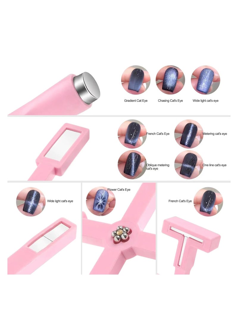 6Pcs Cat Eye Magnet for Nails, 5 in 1 Nail Magnet Tool for Cat Eye Gel Nail Polish Multi-Function Magnetic Stick for Nails Strong Magnetism for 9D Strip Galaxy Cat Eye Nail Art Design (Pink)