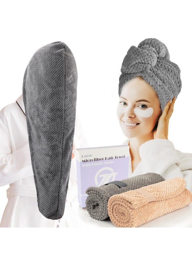FREATECH 2-Pack Large Microfibre Hair Towel Wrap 34 x 10 in, Thicken Super Absorbent Hair Turbans for Wet Hair, Anti-frizz Hair Drying Towel with Elastic Band for Women Long Thick Curly Plopping Hair