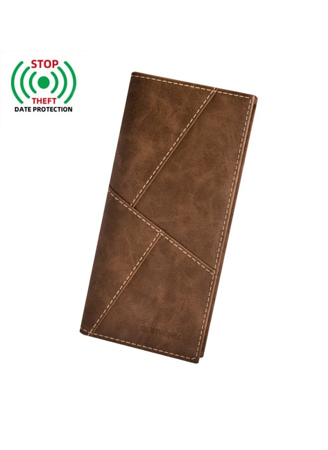 Men's Long Leather Multi-Card Slot Cowhide Ultra-Thin Business Money Clip Card Bag, Coffee Colour