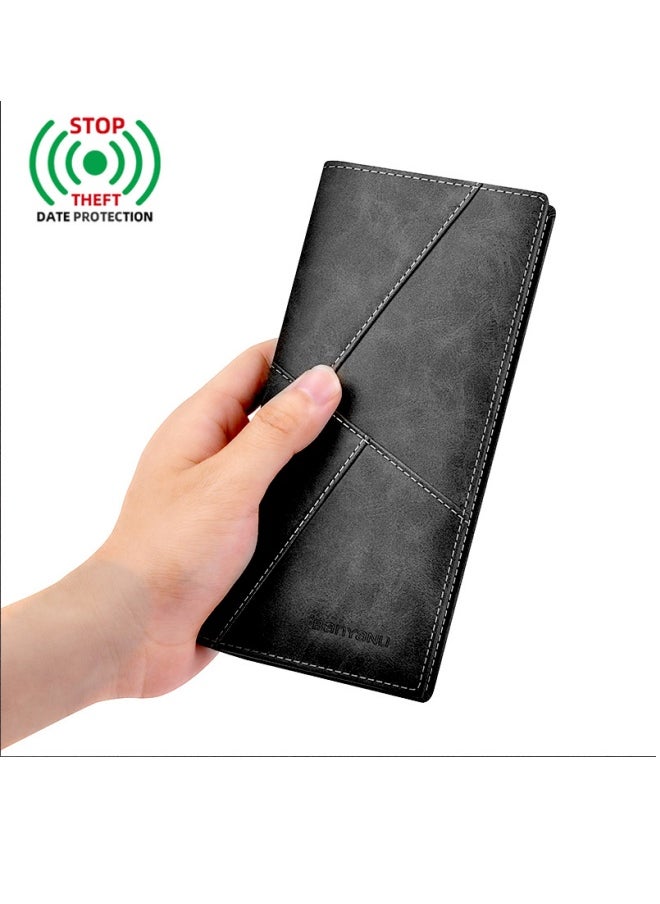 Men's Long Leather Multi-Card Slot Cowhide Ultra-Thin Business Wallet Card Wallet, Black