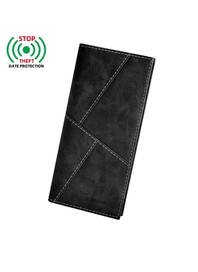 Men's Long Leather Multi-Card Slot Cowhide Ultra-Thin Business Wallet Card Wallet, Black