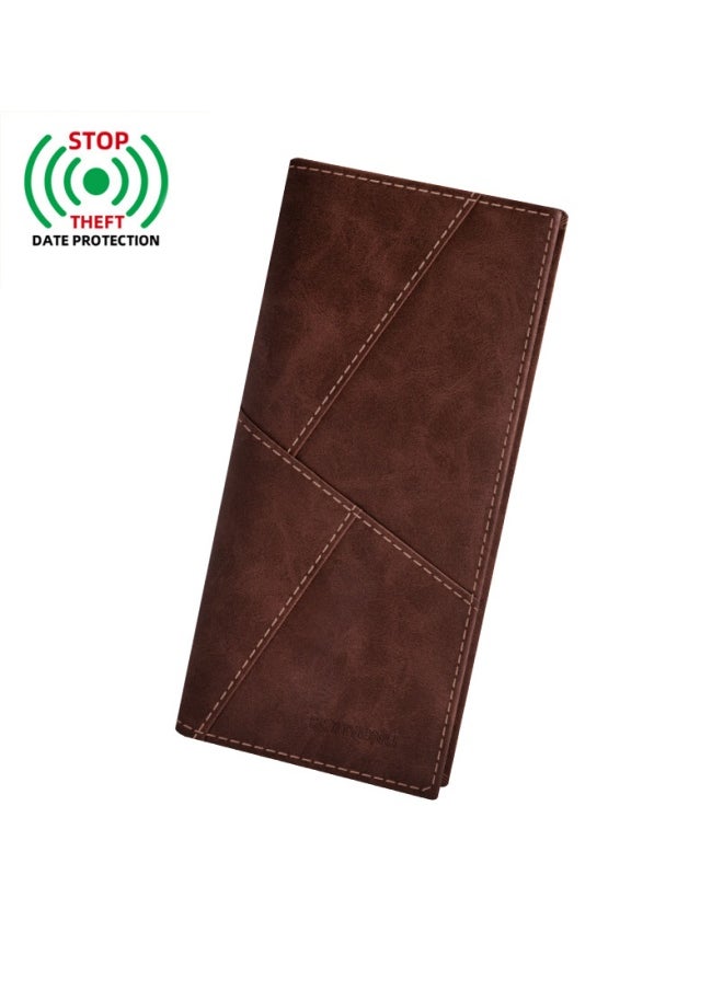 Men's Long Leather Multi-Card Slim Cowhide Business Money Clip Card Bag, Khaki