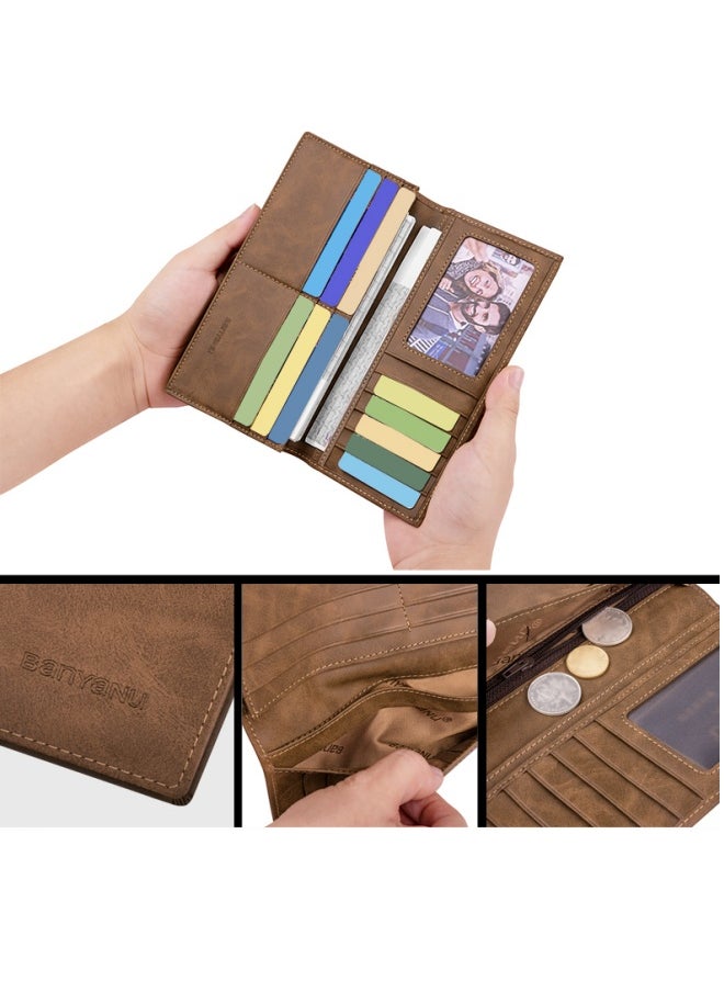 Men's Long Leather Multi-Card Slot Cowhide Ultra-Thin Business Wallet Card Wallet, Khaki