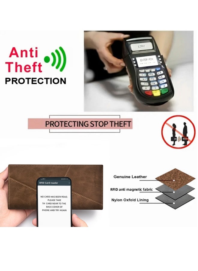 Men's Long Leather Multi-Card Slot Cowhide Ultra-Thin Business Wallet Card Wallet, Coffee Colour