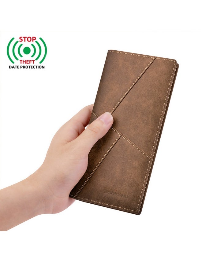 Men's Long Leather Multi-Card Slot Cowhide Ultra-Thin Business Wallet Card Wallet, Coffee Colour