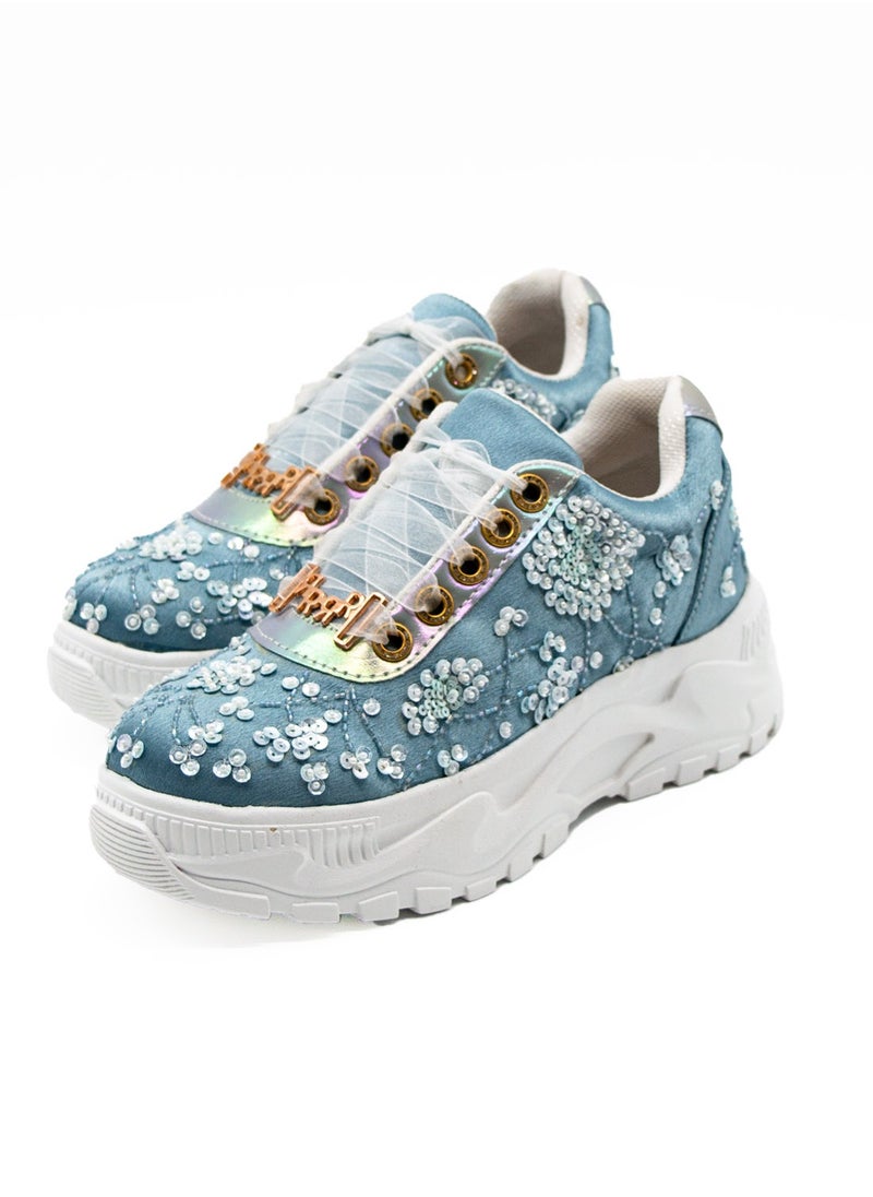 The Maeve Luxury Dusky Blue Satin Handmade Embellished Trainers