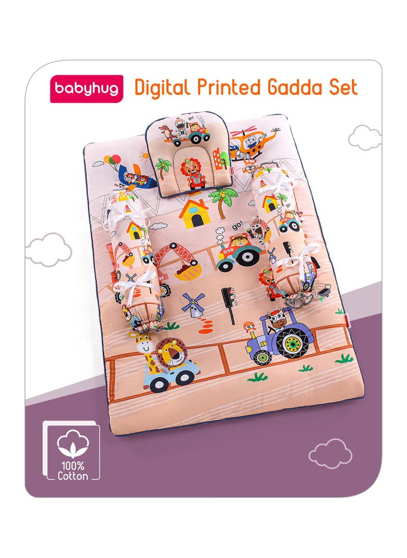 Babyhug 4-Piece Cotton Gadda Set with Vehicle Print for 0-12 Months, Beige - Mattress, U-Pillow & Bolsters