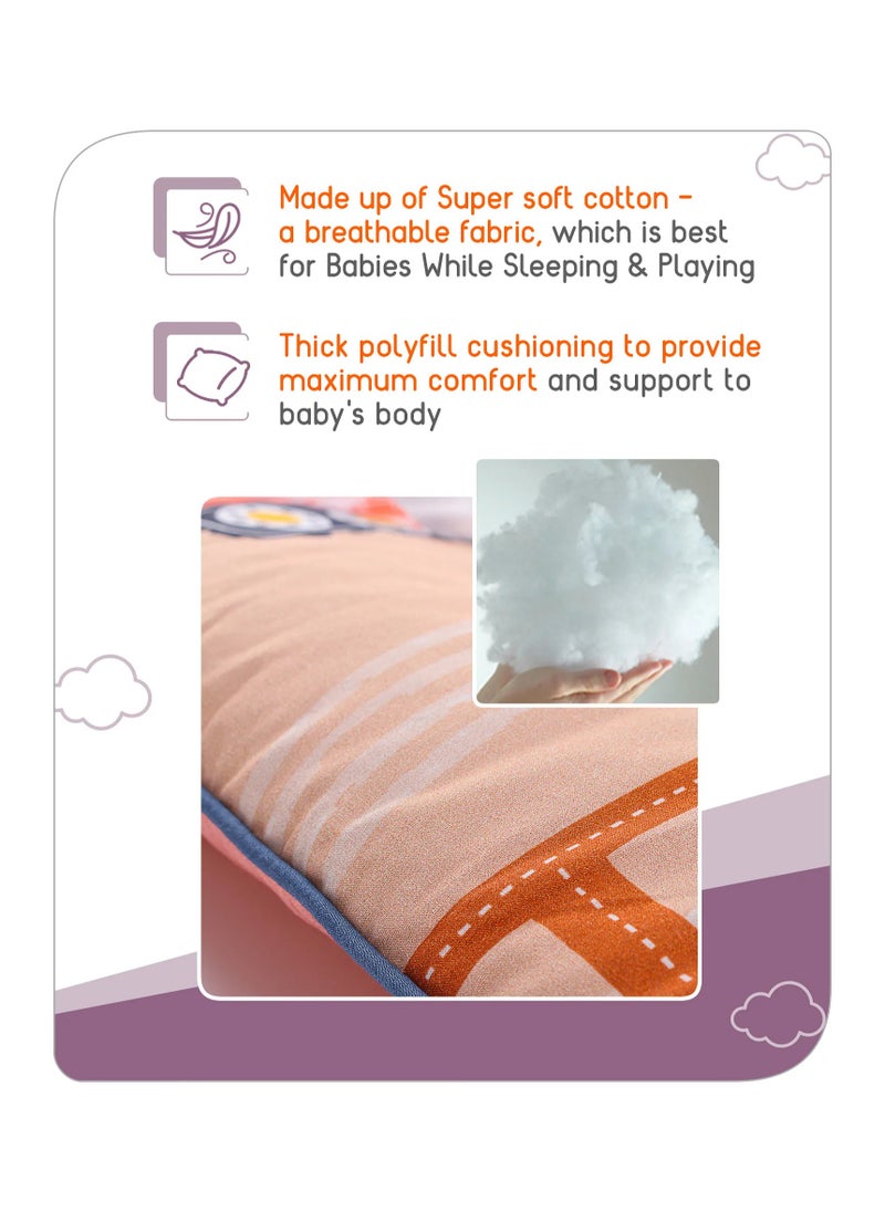 Babyhug 4-Piece Cotton Gadda Set with Vehicle Print for 0-12 Months, Beige - Mattress, U-Pillow & Bolsters