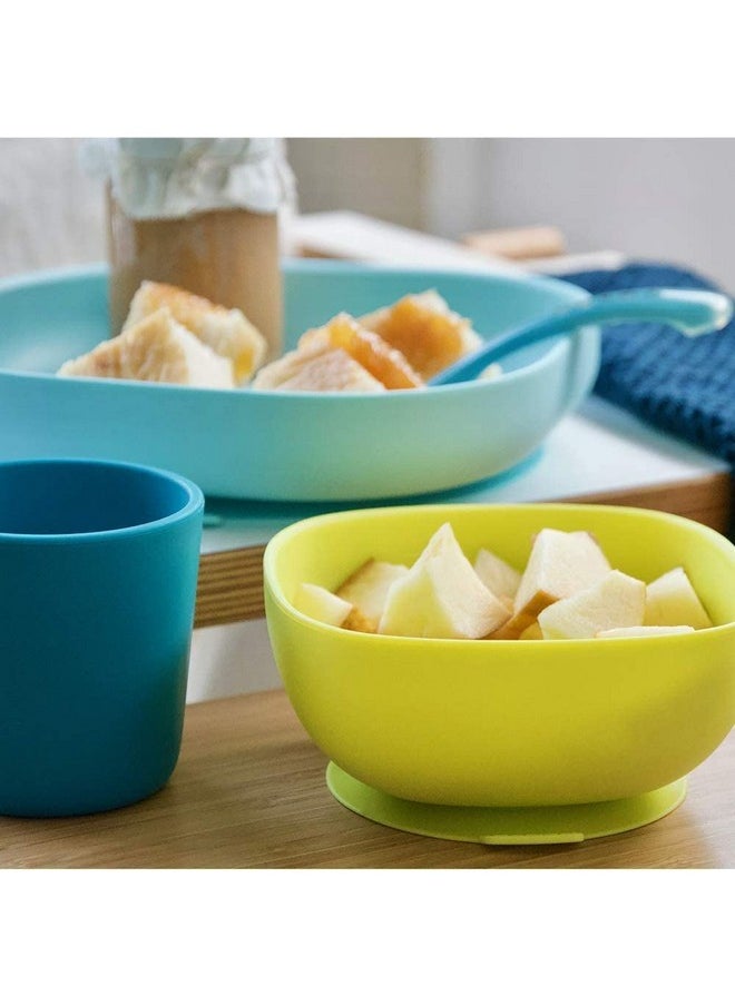 BEABA Silicone 4 Piece Baby Feeding Set, Suction Plates for Baby, Includes Plate, Bowl, Cup, 2nd Stage Silicone Spoon, High Grade Food Safe Silicone, Peacock