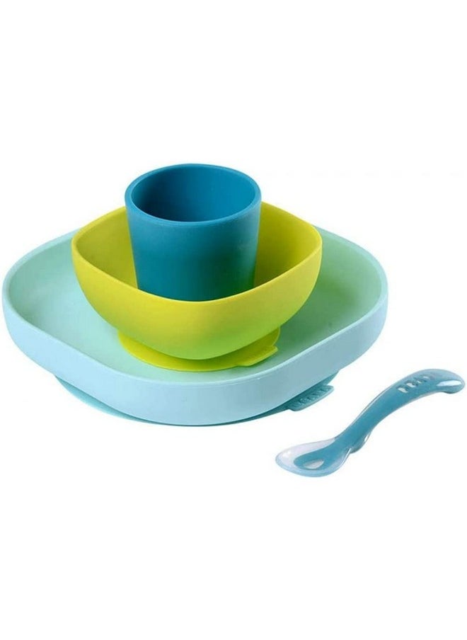 BEABA Silicone 4 Piece Baby Feeding Set, Suction Plates for Baby, Includes Plate, Bowl, Cup, 2nd Stage Silicone Spoon, High Grade Food Safe Silicone, Peacock