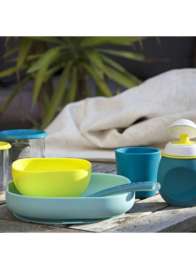 BEABA Silicone 4 Piece Baby Feeding Set, Suction Plates for Baby, Includes Plate, Bowl, Cup, 2nd Stage Silicone Spoon, High Grade Food Safe Silicone, Peacock