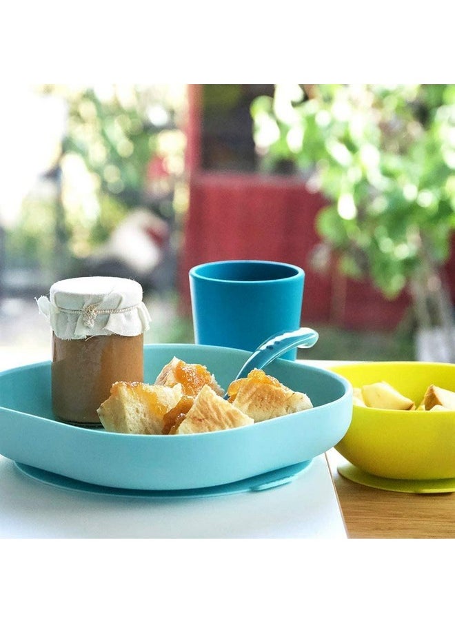 BEABA Silicone 4 Piece Baby Feeding Set, Suction Plates for Baby, Includes Plate, Bowl, Cup, 2nd Stage Silicone Spoon, High Grade Food Safe Silicone, Peacock