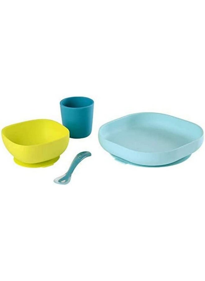 BEABA Silicone 4 Piece Baby Feeding Set, Suction Plates for Baby, Includes Plate, Bowl, Cup, 2nd Stage Silicone Spoon, High Grade Food Safe Silicone, Peacock