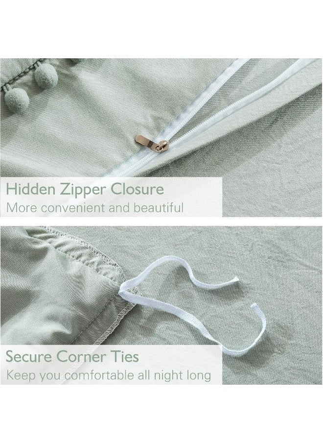 Andency Full Size Duvet Cover (79x90 Inch), 3 Pieces (1 Solid Sage Green Duvet Cover, 2 Pillowcases) Soft Washed Microfiber Pom Pom Fringe Duvet Cover Set with Zipper Closure, Corner Ties