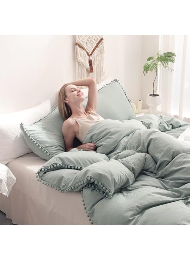 Andency Full Size Duvet Cover (79x90 Inch), 3 Pieces (1 Solid Sage Green Duvet Cover, 2 Pillowcases) Soft Washed Microfiber Pom Pom Fringe Duvet Cover Set with Zipper Closure, Corner Ties