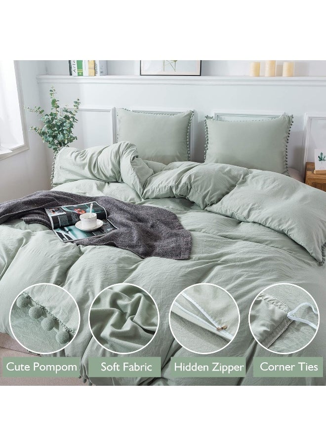 Andency Full Size Duvet Cover (79x90 Inch), 3 Pieces (1 Solid Sage Green Duvet Cover, 2 Pillowcases) Soft Washed Microfiber Pom Pom Fringe Duvet Cover Set with Zipper Closure, Corner Ties
