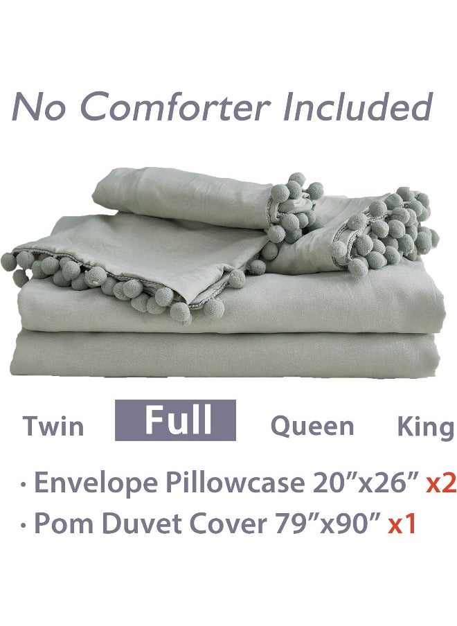 Andency Full Size Duvet Cover (79x90 Inch), 3 Pieces (1 Solid Sage Green Duvet Cover, 2 Pillowcases) Soft Washed Microfiber Pom Pom Fringe Duvet Cover Set with Zipper Closure, Corner Ties