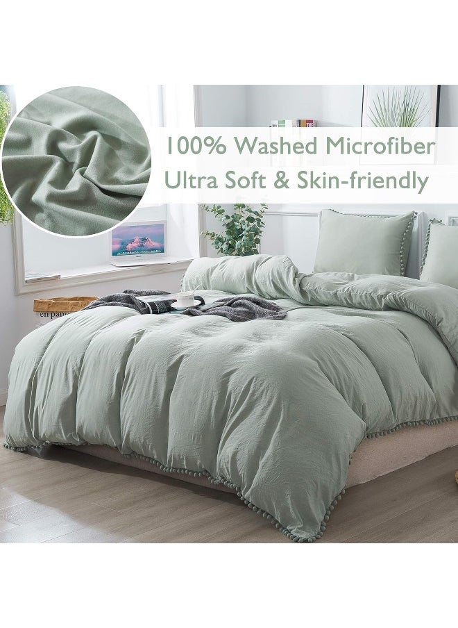Andency Full Size Duvet Cover (79x90 Inch), 3 Pieces (1 Solid Sage Green Duvet Cover, 2 Pillowcases) Soft Washed Microfiber Pom Pom Fringe Duvet Cover Set with Zipper Closure, Corner Ties