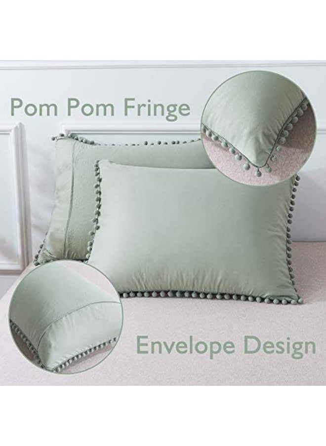 Andency Full Size Duvet Cover (79x90 Inch), 3 Pieces (1 Solid Sage Green Duvet Cover, 2 Pillowcases) Soft Washed Microfiber Pom Pom Fringe Duvet Cover Set with Zipper Closure, Corner Ties