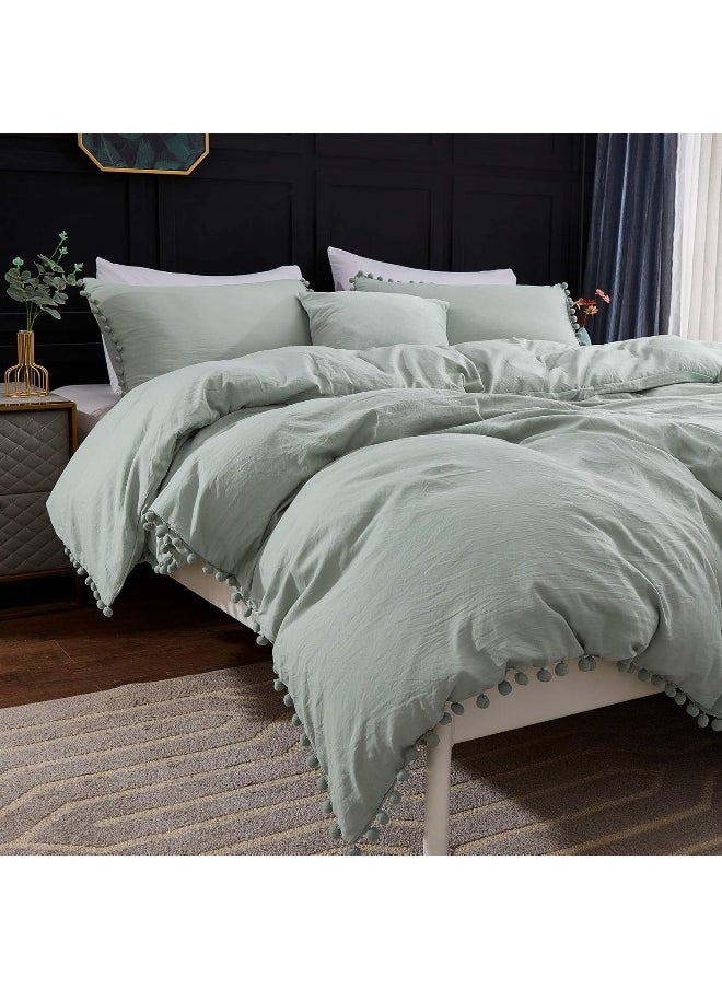Andency Full Size Duvet Cover (79x90 Inch), 3 Pieces (1 Solid Sage Green Duvet Cover, 2 Pillowcases) Soft Washed Microfiber Pom Pom Fringe Duvet Cover Set with Zipper Closure, Corner Ties