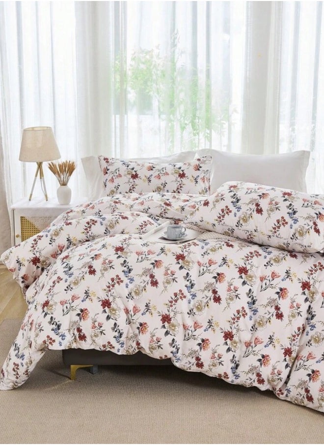 Queen size 6-piece trendy red floral duvet cover set, white color.