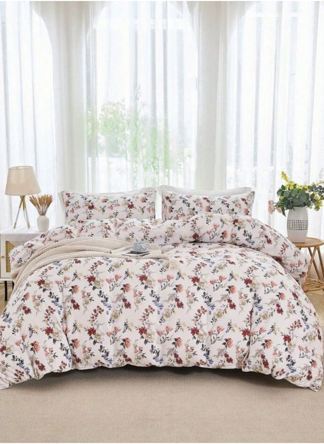 Queen size 6-piece trendy red floral duvet cover set, white color.