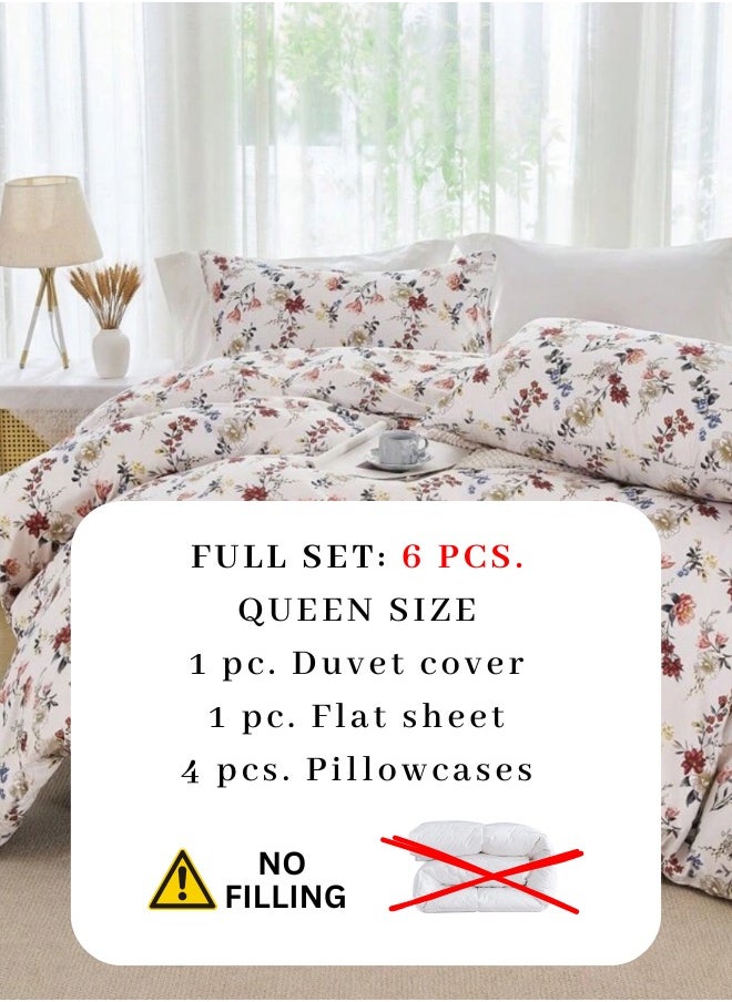 Queen size 6-piece trendy red floral duvet cover set, white color.