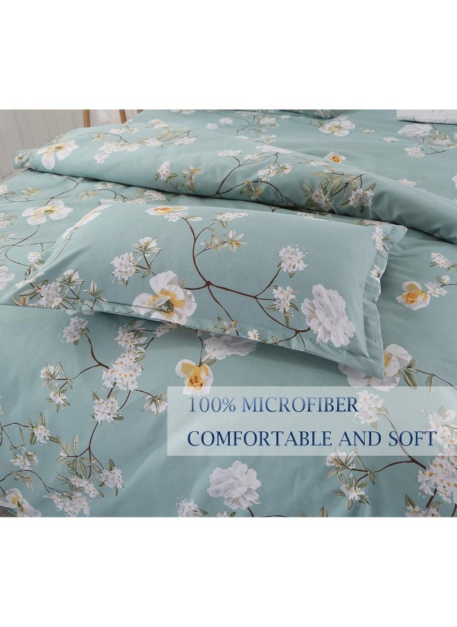 NANKO Bedding Duvet Cover Set Queen, 3 Pieces – 800-Thread Floral Microfiber Down Comforter Quilt Cover Zipper & Tie for Women & Men’s Bedroom, Luxury Guestroom Decor -Teal