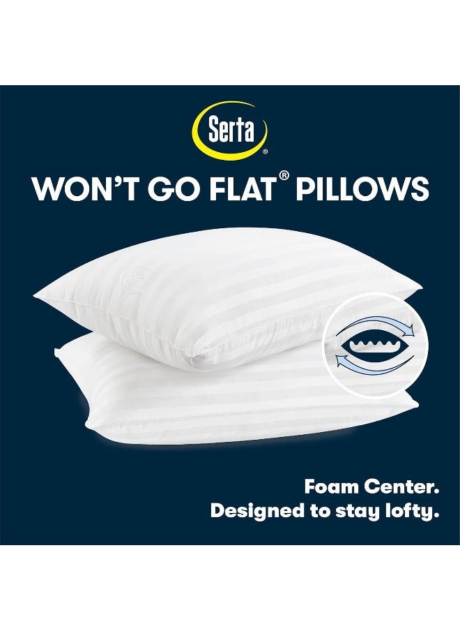 SERTA Won't Go Flat Standard/Queen Size Set of 2 Down Alternative Bedding Pillow for Back, Stomach or Side Sleepers