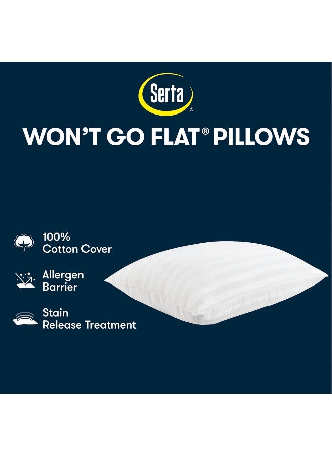SERTA Won't Go Flat Standard/Queen Size Set of 2 Down Alternative Bedding Pillow for Back, Stomach or Side Sleepers