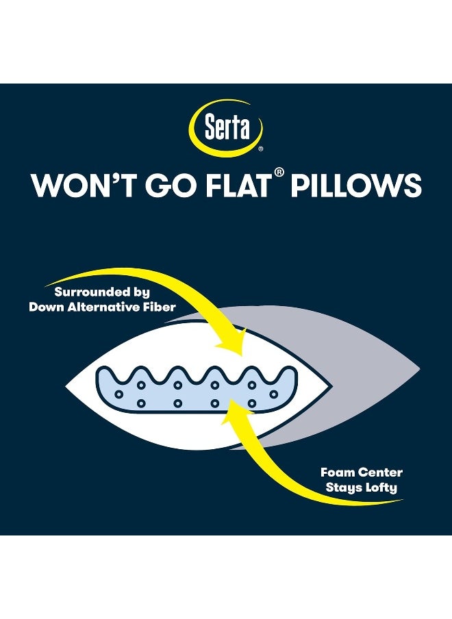 SERTA Won't Go Flat Standard/Queen Size Set of 2 Down Alternative Bedding Pillow for Back, Stomach or Side Sleepers