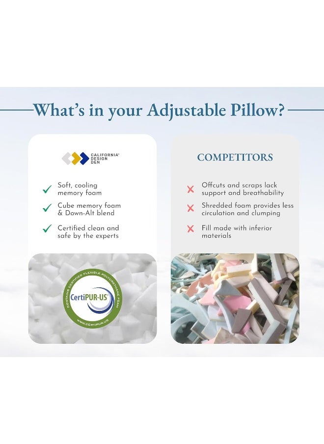 California Design Den Luxury Bed Pillow, 3-Chamber Queen Size Pillow, Medium-Firm, Down-Alt Around & Adjustable Memory Foam Pillow for Side, Back, Stomach Sleepers