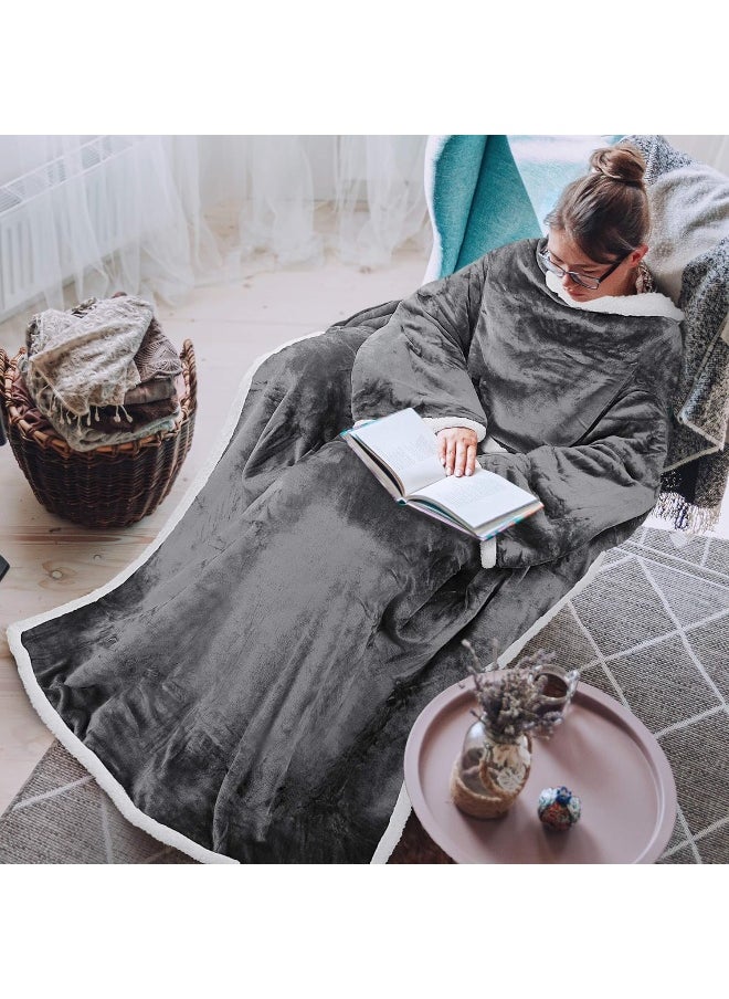Tirrinia Sherpa Wearable Blanket Ultra Soft Comfy Warm Plush Full Body Throw with Sleeves, Reading Wrap TV Blankets Robe Cover for Adult Grandma Women and Men, Grey
