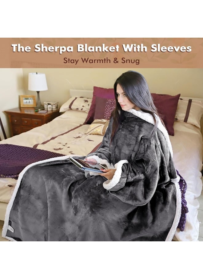 Tirrinia Sherpa Wearable Blanket Ultra Soft Comfy Warm Plush Full Body Throw with Sleeves, Reading Wrap TV Blankets Robe Cover for Adult Grandma Women and Men, Grey