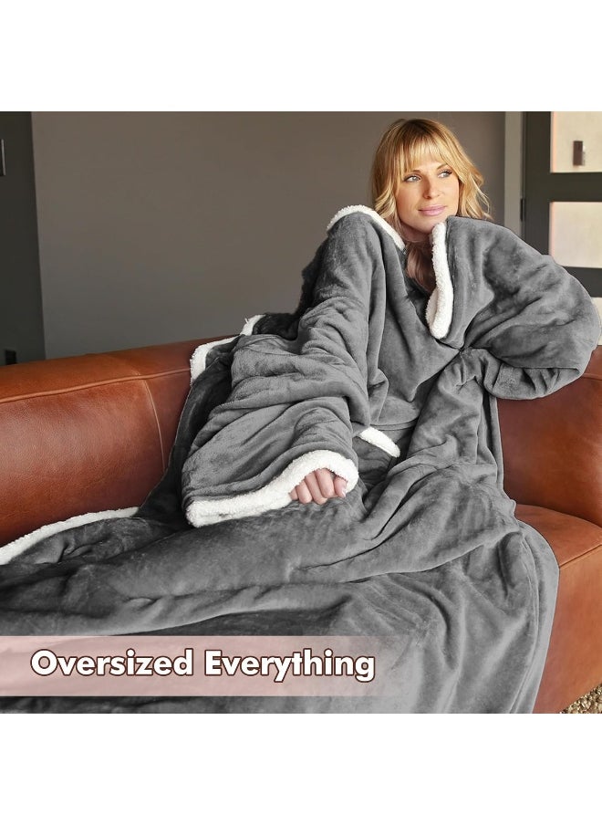 Tirrinia Sherpa Wearable Blanket Ultra Soft Comfy Warm Plush Full Body Throw with Sleeves, Reading Wrap TV Blankets Robe Cover for Adult Grandma Women and Men, Grey
