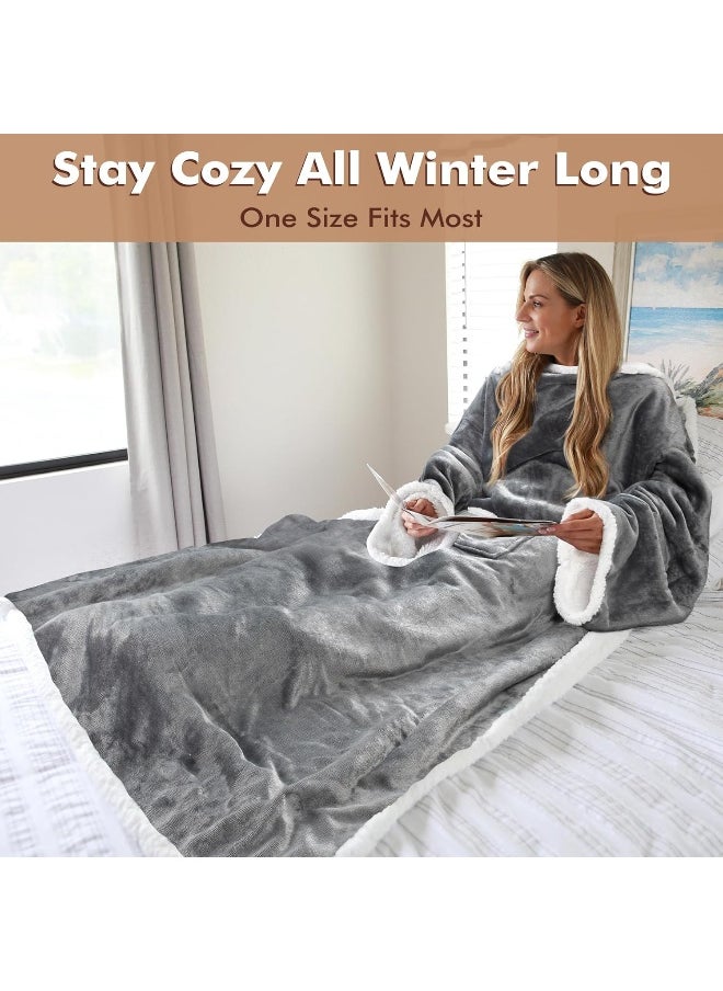Tirrinia Sherpa Wearable Blanket Ultra Soft Comfy Warm Plush Full Body Throw with Sleeves, Reading Wrap TV Blankets Robe Cover for Adult Grandma Women and Men, Grey