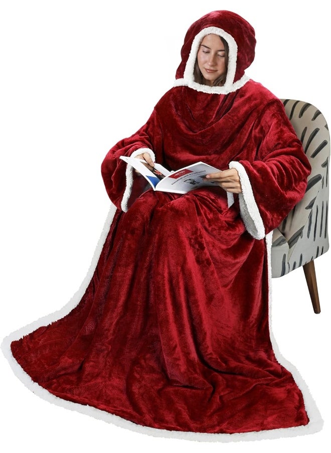 Tirrinia Sherpa Hood Wearable Blanket for Adult Women and Men, Super Soft Comfy Warm Plush Throw with Sleeves TV Blanket Wrap Robe Hoodie Cover for Sofa, Couch