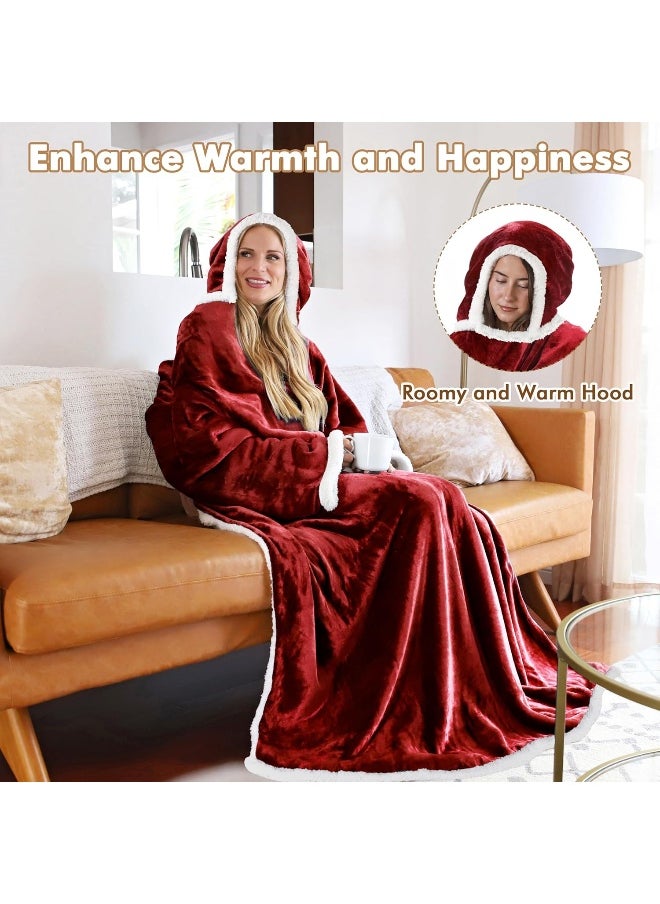 Tirrinia Sherpa Hood Wearable Blanket for Adult Women and Men, Super Soft Comfy Warm Plush Throw with Sleeves TV Blanket Wrap Robe Hoodie Cover for Sofa, Couch