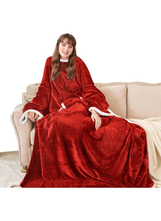 Tirrinia Sherpa Hood Wearable Blanket for Adult Women and Men, Super Soft Comfy Warm Plush Throw with Sleeves TV Blanket Wrap Robe Hoodie Cover for Sofa, Couch