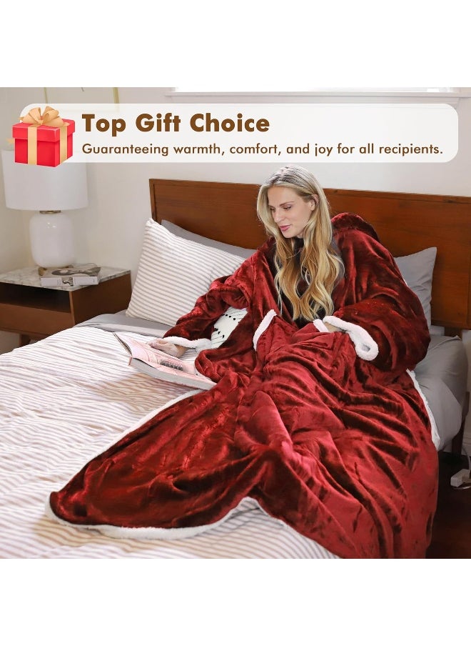 Tirrinia Sherpa Hood Wearable Blanket for Adult Women and Men, Super Soft Comfy Warm Plush Throw with Sleeves TV Blanket Wrap Robe Hoodie Cover for Sofa, Couch