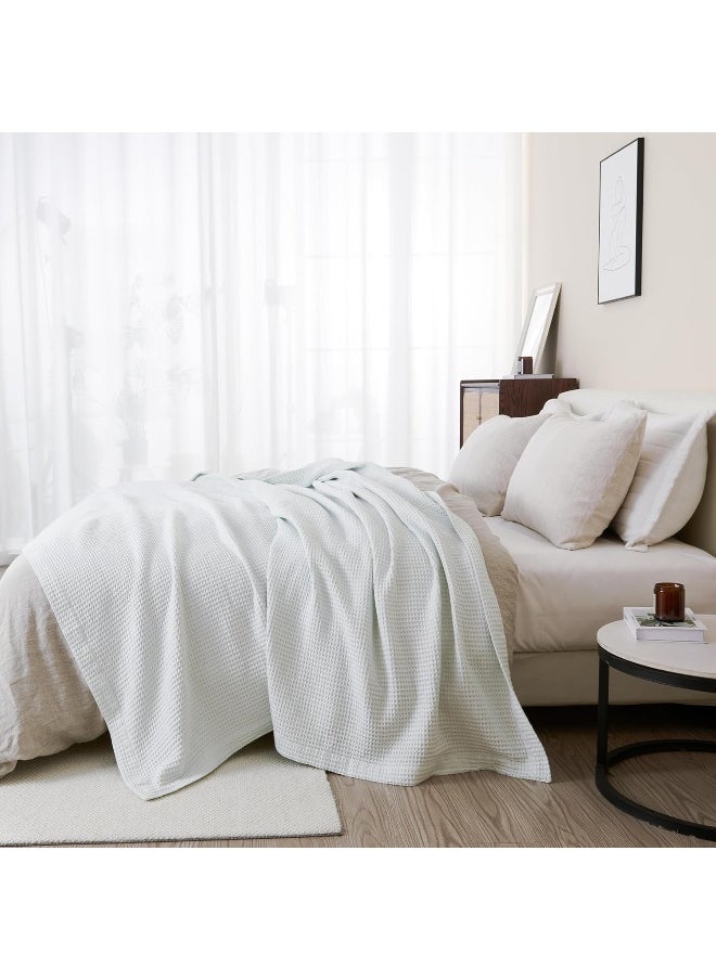 100% Cotton Waffle Weave Light Blue Bed Blanket. Super Soft, All Season Textured Blanket. Full Queen Blanket for Bed or Couch