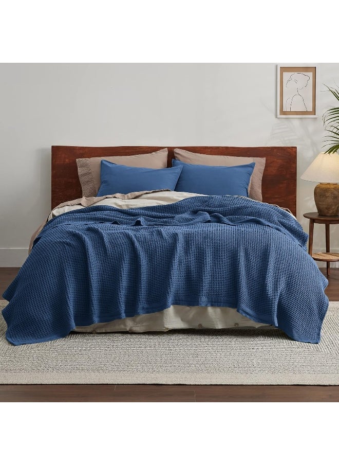 Bedsure 100% Cotton Blanket King Size for Bed - Breathable and Soft, Waffle Weave Blanket for Summer Spring, Navy, 104x90 inches