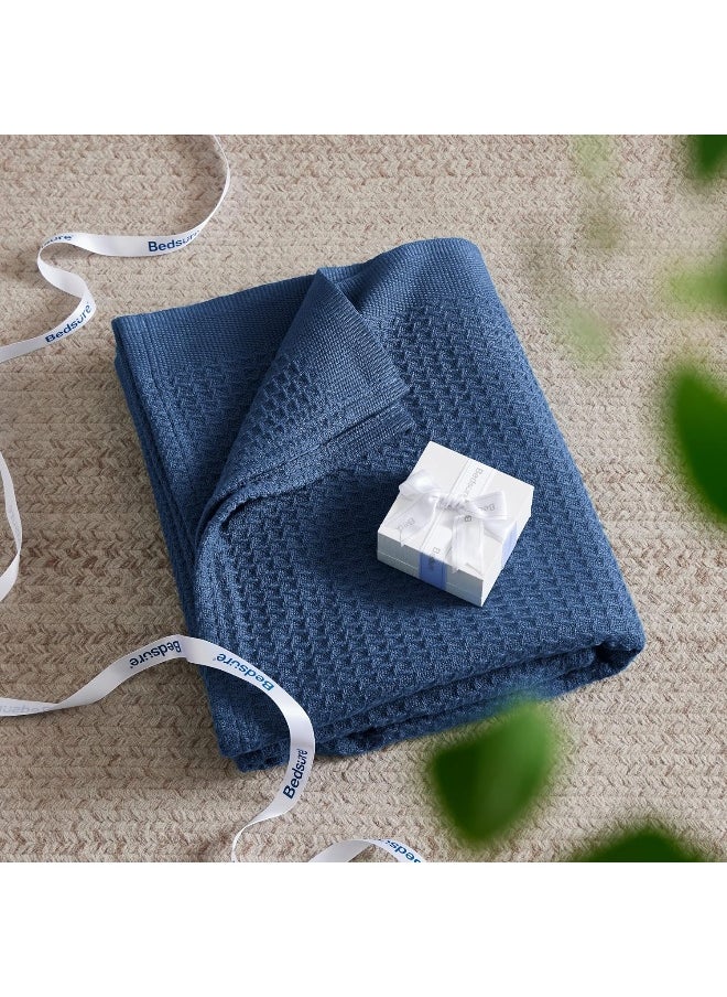 Bedsure 100% Cotton Blanket King Size for Bed - Breathable and Soft, Waffle Weave Blanket for Summer Spring, Navy, 104x90 inches