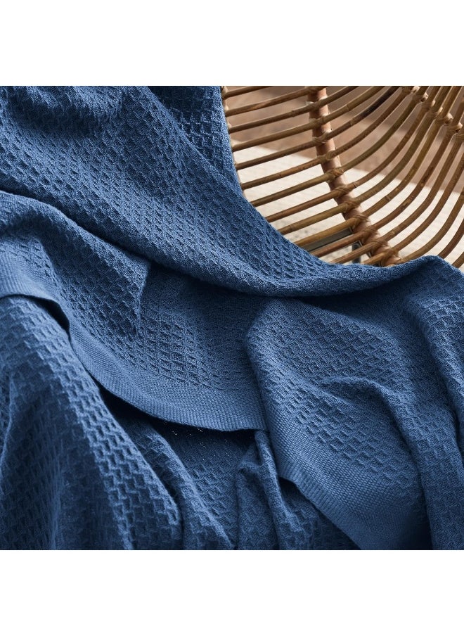 Bedsure 100% Cotton Blanket King Size for Bed - Breathable and Soft, Waffle Weave Blanket for Summer Spring, Navy, 104x90 inches