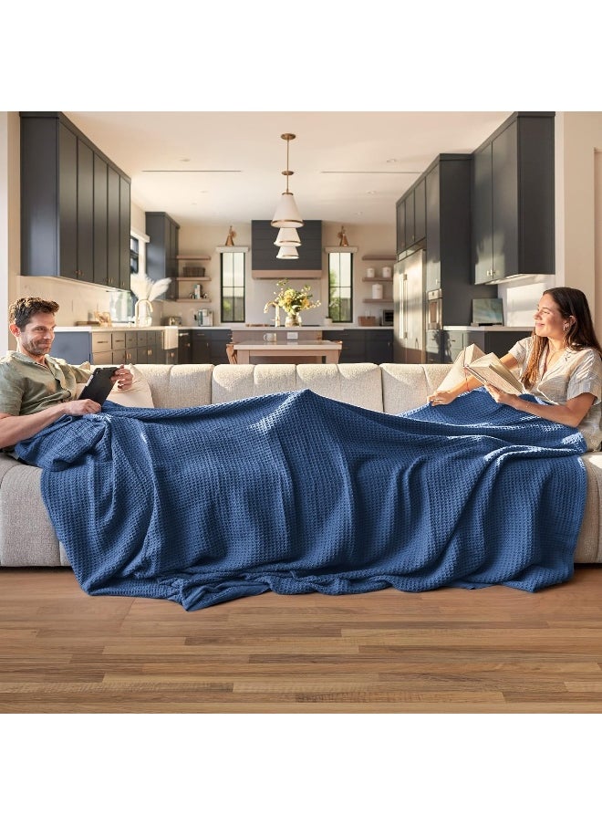 Bedsure 100% Cotton Blanket King Size for Bed - Breathable and Soft, Waffle Weave Blanket for Summer Spring, Navy, 104x90 inches